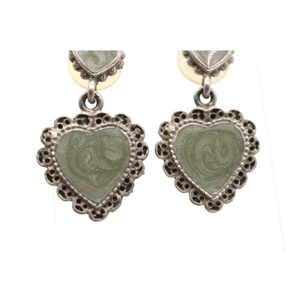 Heart Drop Enamel Earrings Sage Green Swirl and Ornate Framing Vtg Silver Tone - Picture 5 of 10